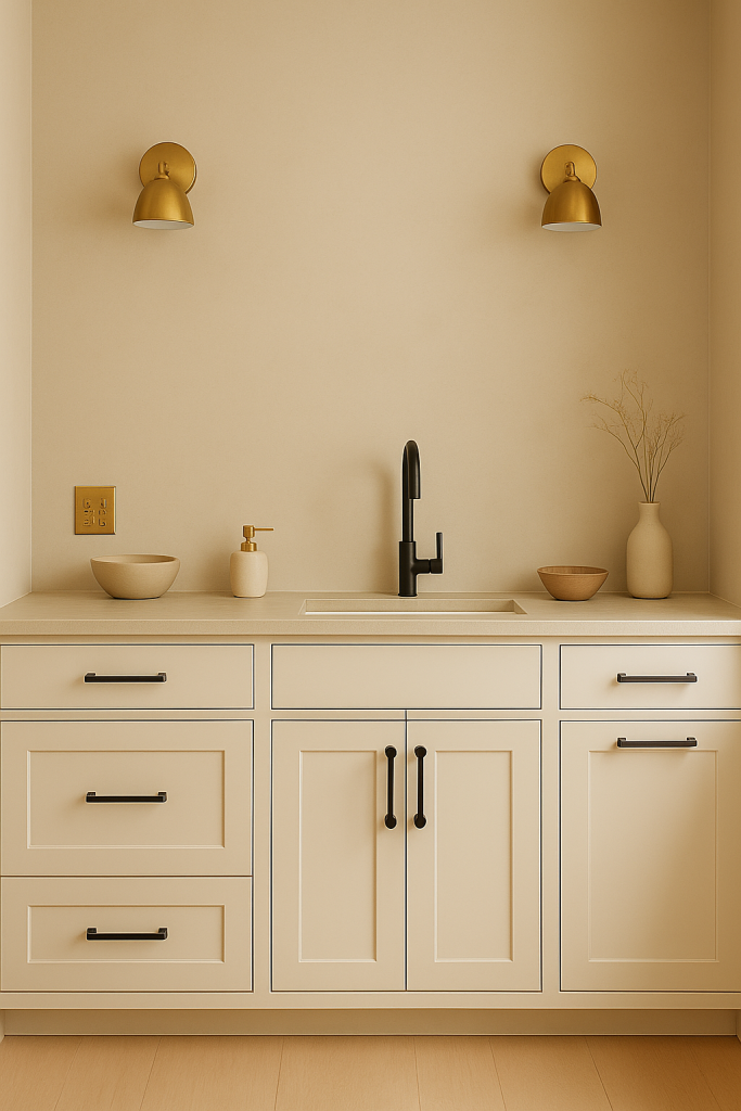 A minimalist kitchen counter with a black faucet, sink, and two gold sconces above, featuring light-colored cabinetry, bowls, and a soap dispenser. 