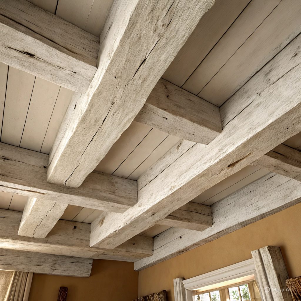 Elegant french country living room with rustic wooden beams and soft neutral furniture