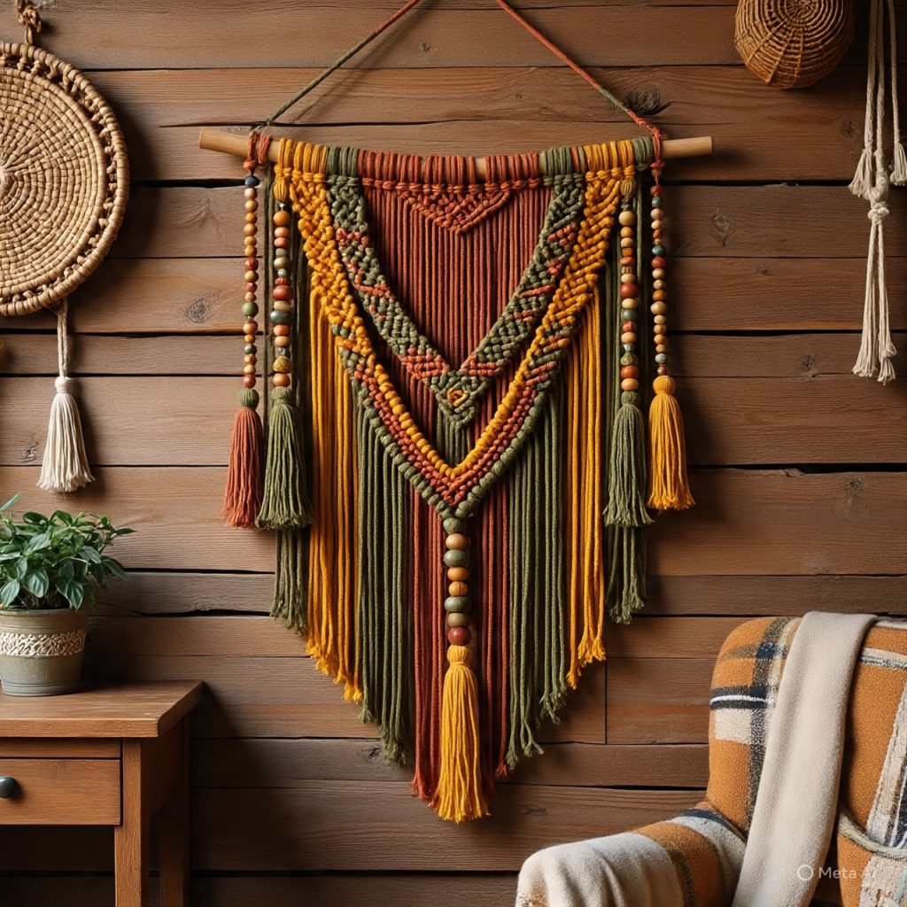 Macramé Wall Hanging Ideas
A macrame wall hanging in earthy tones of orange, green, and yellow, adorned with wooden beads and tassels, hanging on a wooden wall. 