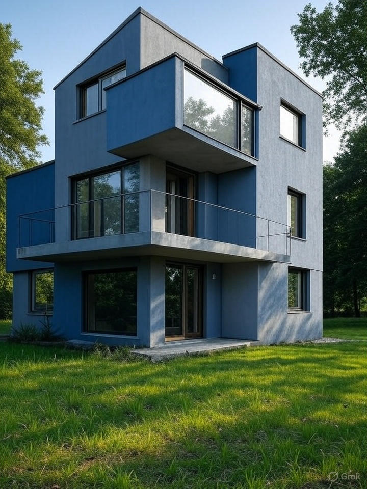 A modern, multi-story house with a blue and grey exterior and prominent windows.