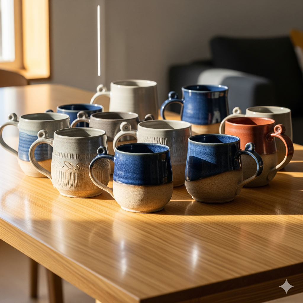 A collection of handmade stoneware mugs in various shades of blue, beige, and brown, arranged on a wooden table.