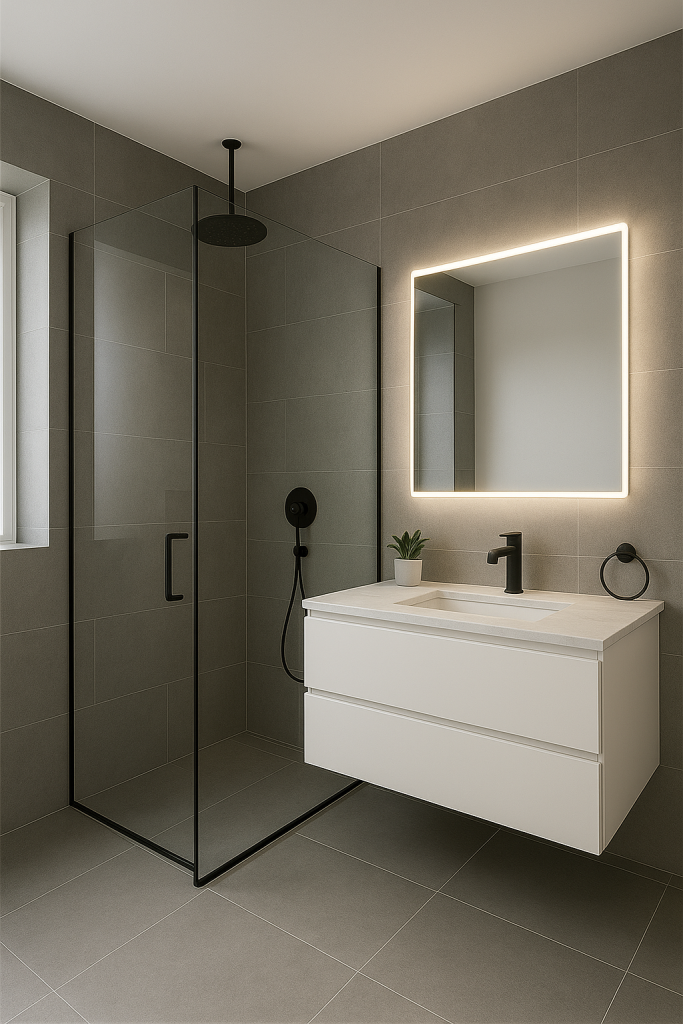 A modern bathroom features a rectangular LED-illuminated mirror above a white vanity with a black faucet, next to a glass-enclosed shower with a black shower head.
