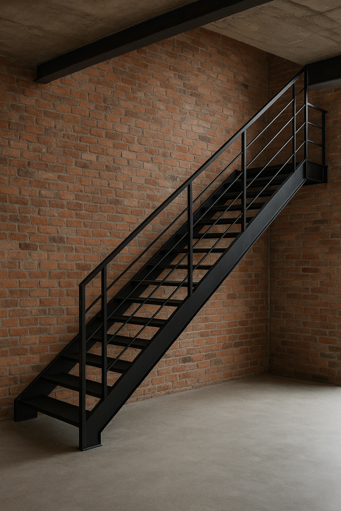 Black metal staircase with thin railings against a brick wall.