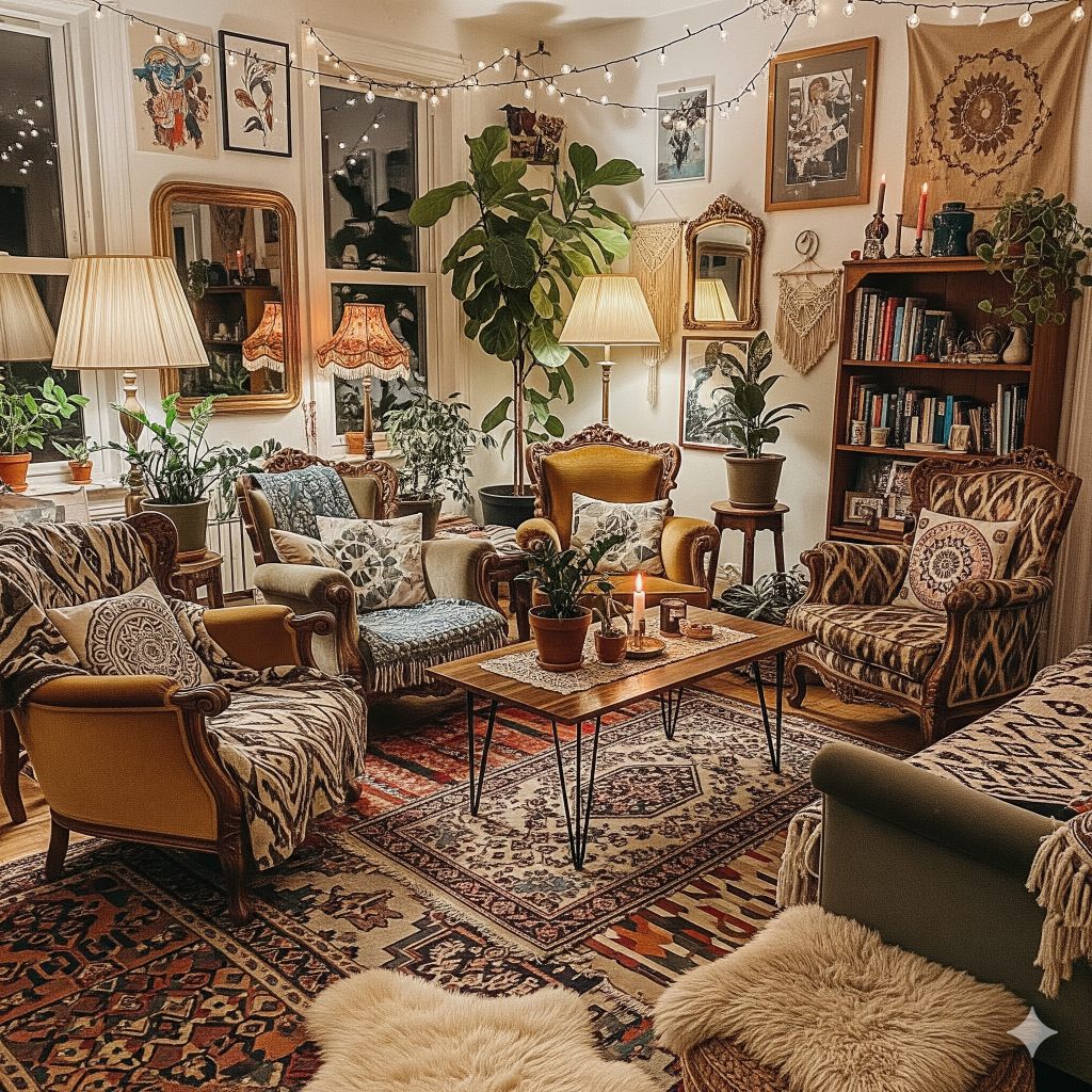Bohemian Living Room Design
A cozy, bohemian-style living room filled with plants, patterned rugs, vintage furniture, and warm lighting.