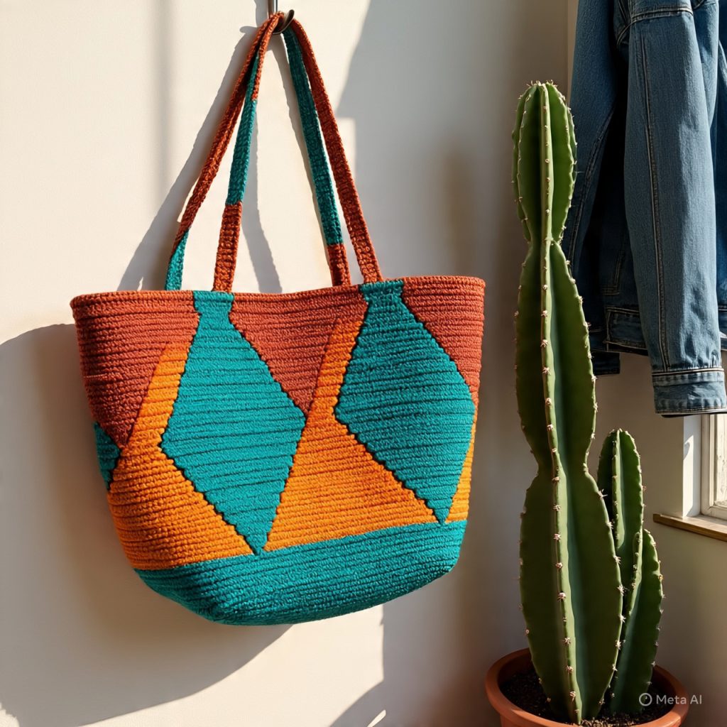 A crocheted tote bag in teal and orange geometric patterns hangs next to a tall cactus.