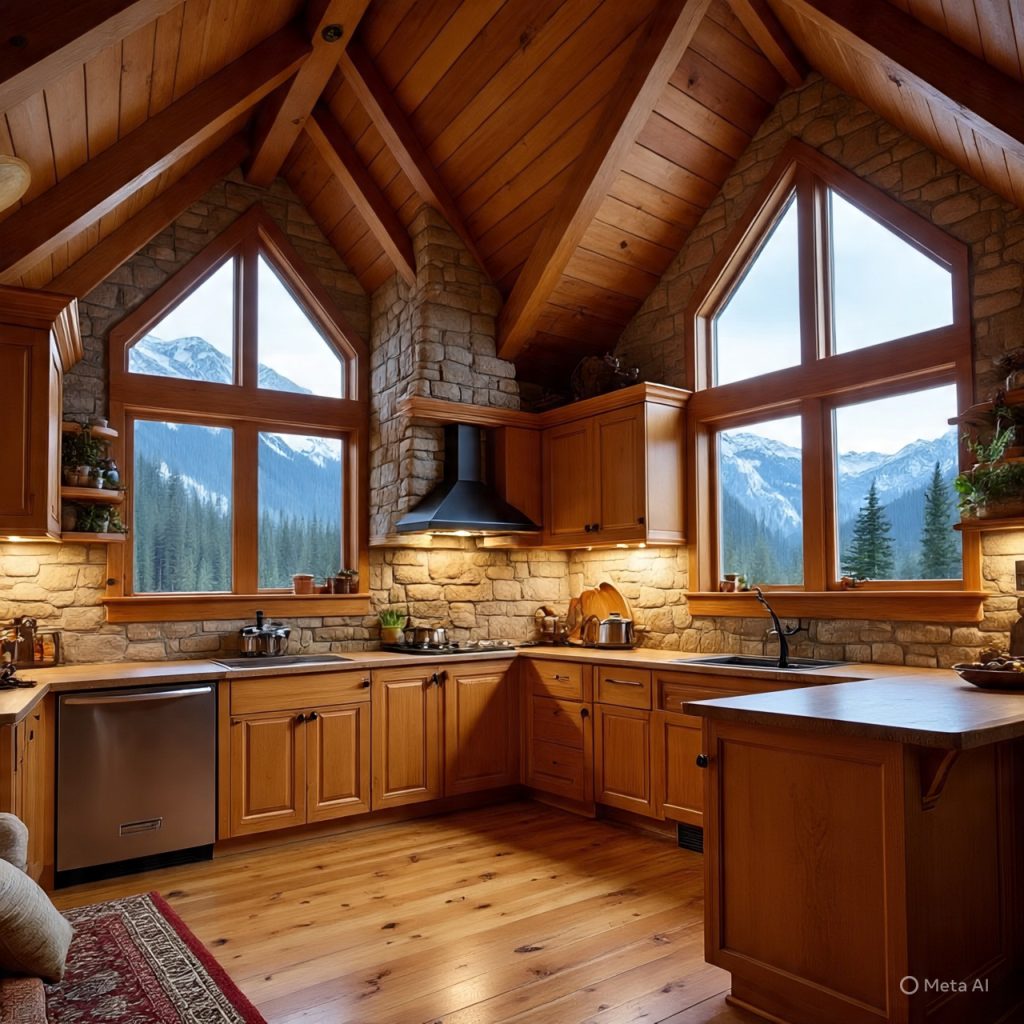 A warm, rustic kitchen with wooden cabinets, stone accents, and large windows offering a view of snowy mountains. 