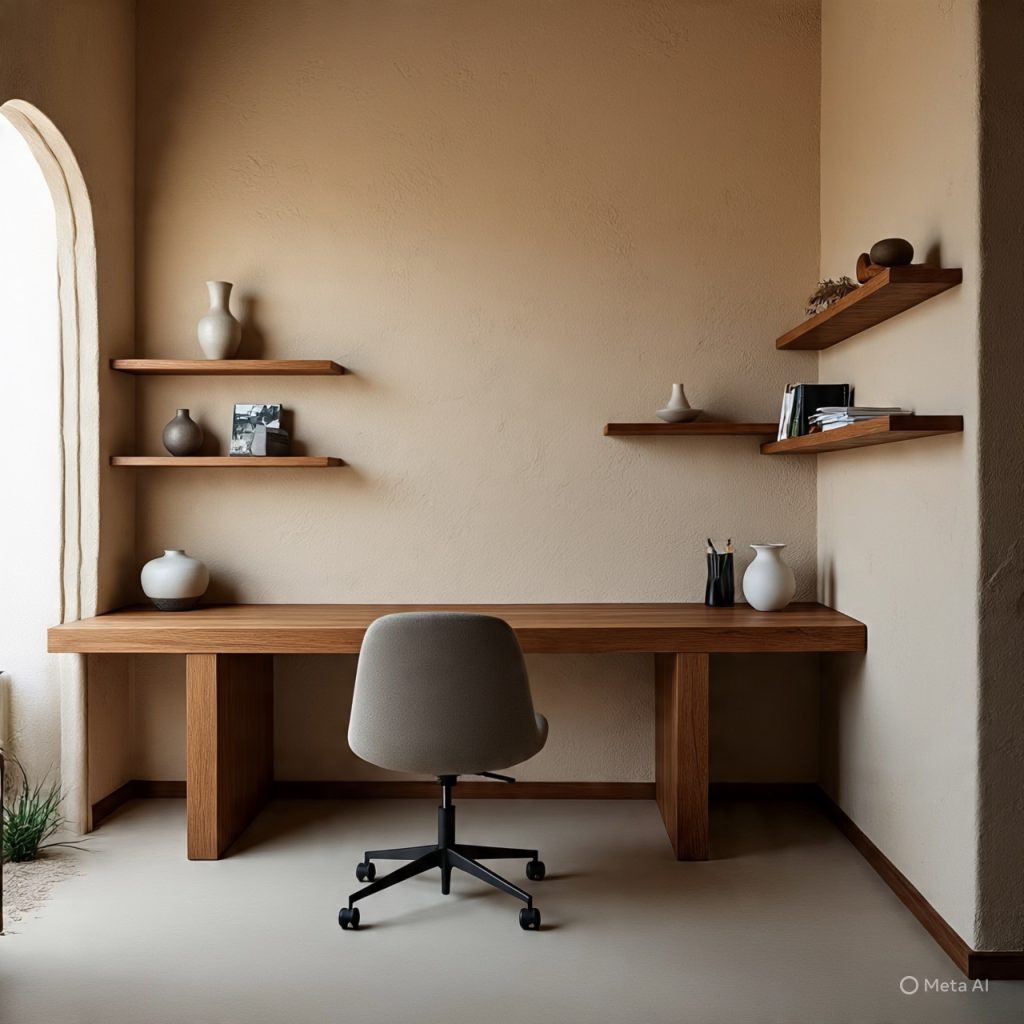 A minimalist home office with a wooden desk, chair, and shelves adorned with vases and books.
This alt text describes the primary visual elements of the image, focusing on the main objects and the overall aesthetic. It is concise and provides a clear understanding of the image's content for accessibility purposes. 