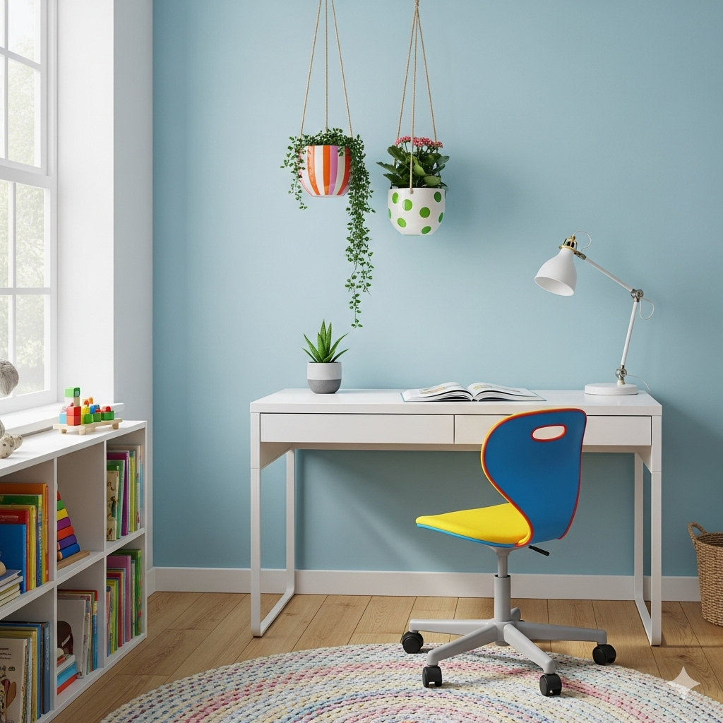 A brightly lit child's study space with a white desk, colorful chair, bookshelf, and hanging plants.