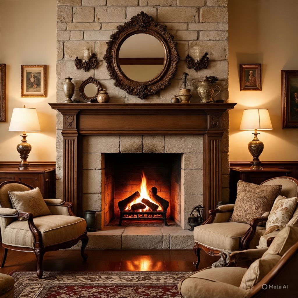 A cozy living room with a lit stone fireplace, two armchairs, and decorative lamps. 
