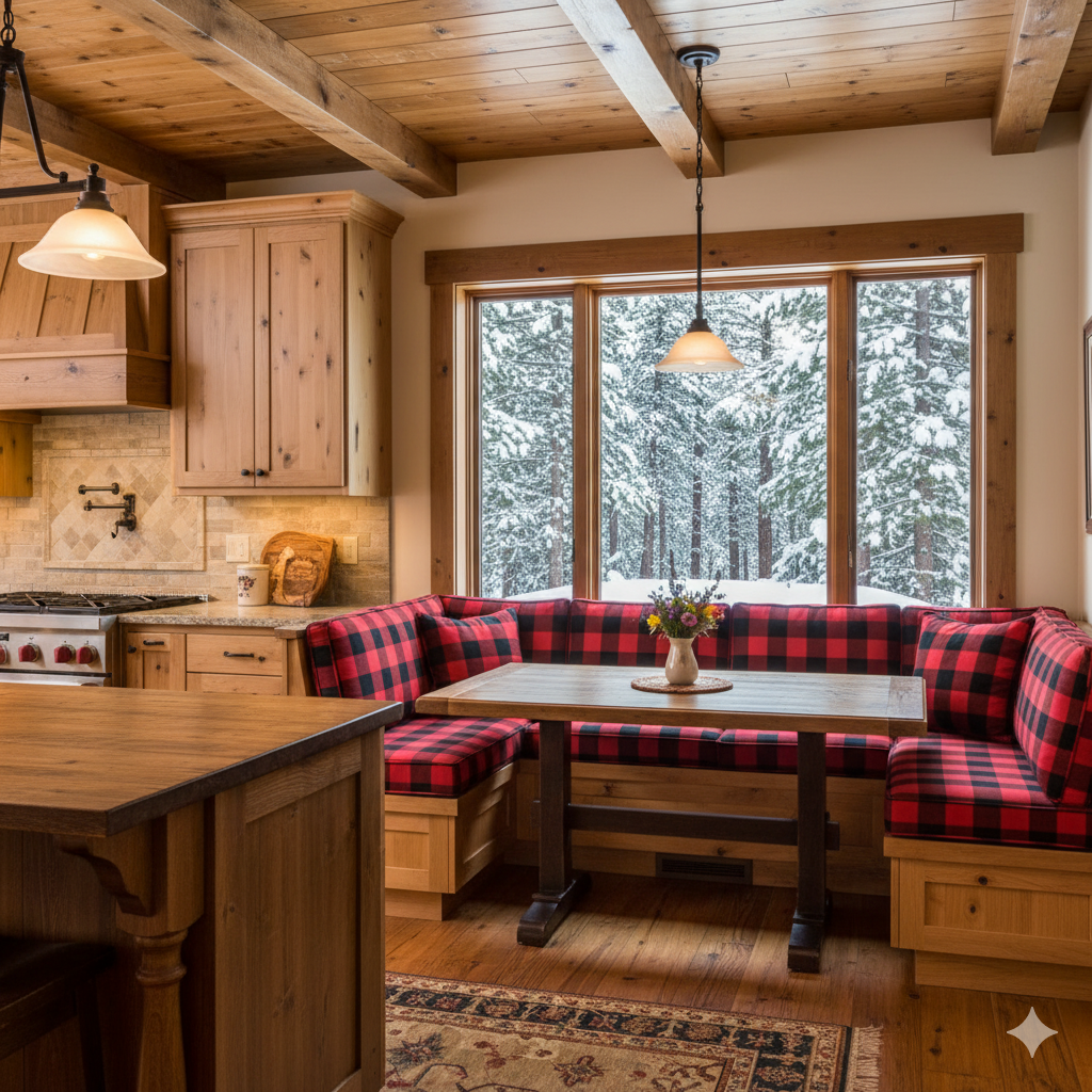 Cozy kitchen and dining area with a plaid banquette, wooden table, and view of a snowy outdoor scene.