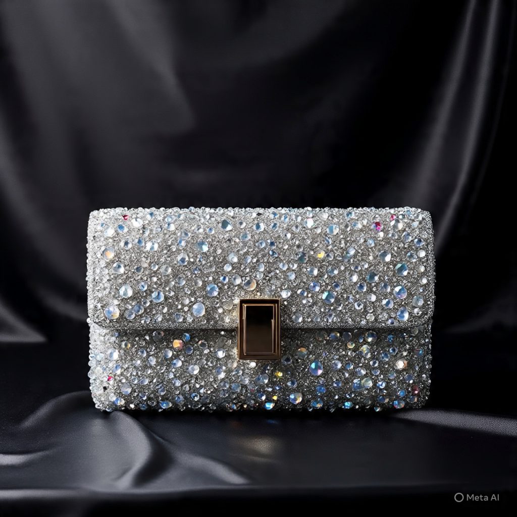 A sparkling clutch bag covered in rhinestones with a gold clasp.