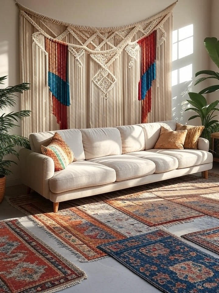 A large, intricate macramé wall hanging with red and blue accents above a cream-colored sofa in a sunlit living room. 