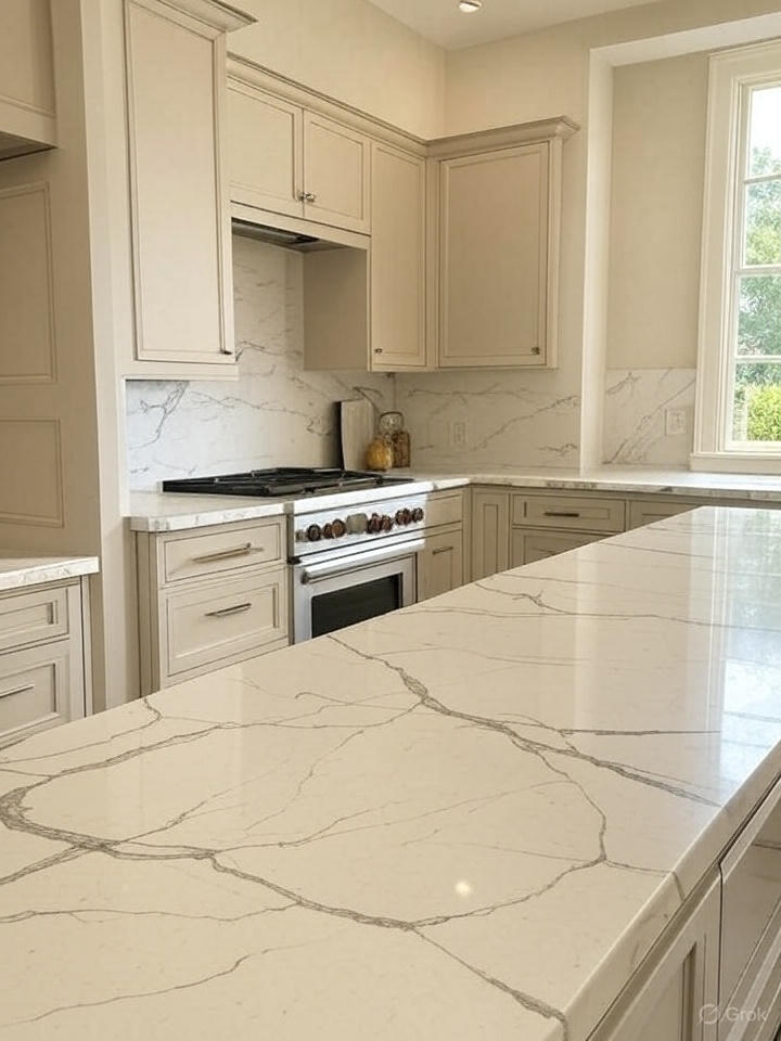 A kitchen featuring light-colored cabinets, a stainless steel range, and Calacatta Laza quartz countertops and backsplash. 
