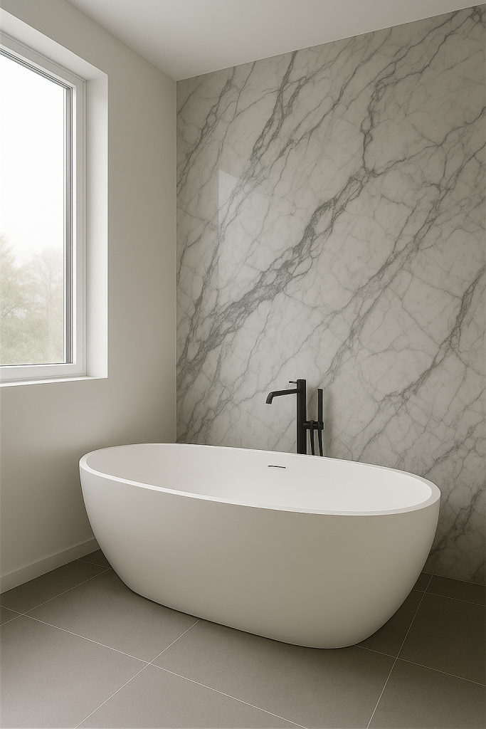 A modern bathroom with a white freestanding bathtub, a black floor-mounted faucet, and a large window next to a wall with white marble-effect tiles.