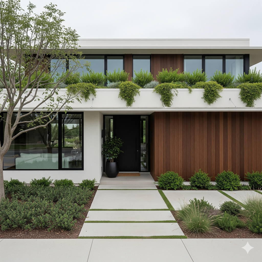 A modern house exterior featuring a dark front door, wood paneling, white walls, large windows, and lush green plants on the balcony and in the landscaping. 