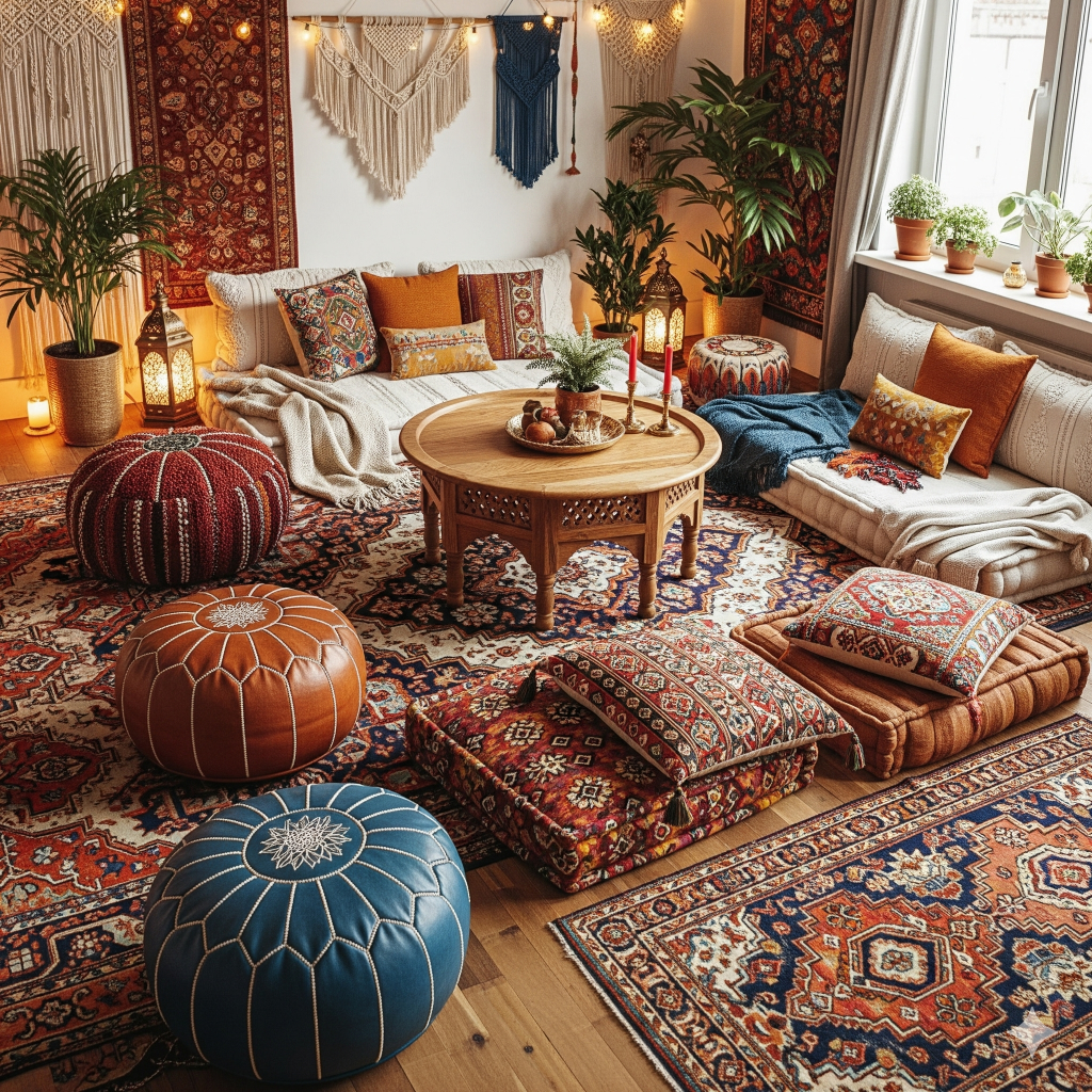 A cozy, bohemian-style living room with floor cushions, several patterned ottomans, rugs, and a low wooden coffee table.