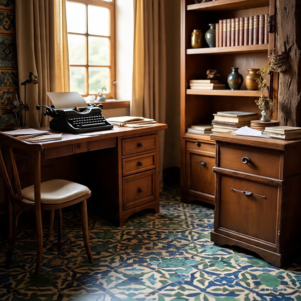 A vintage-style home office with a wooden desk, chair, typewriter, and a bookshelf filled with books and decorative items.