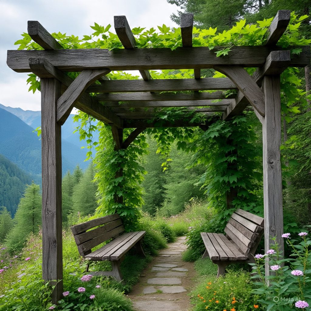 Two wooden benches in lush green atmosphere.  