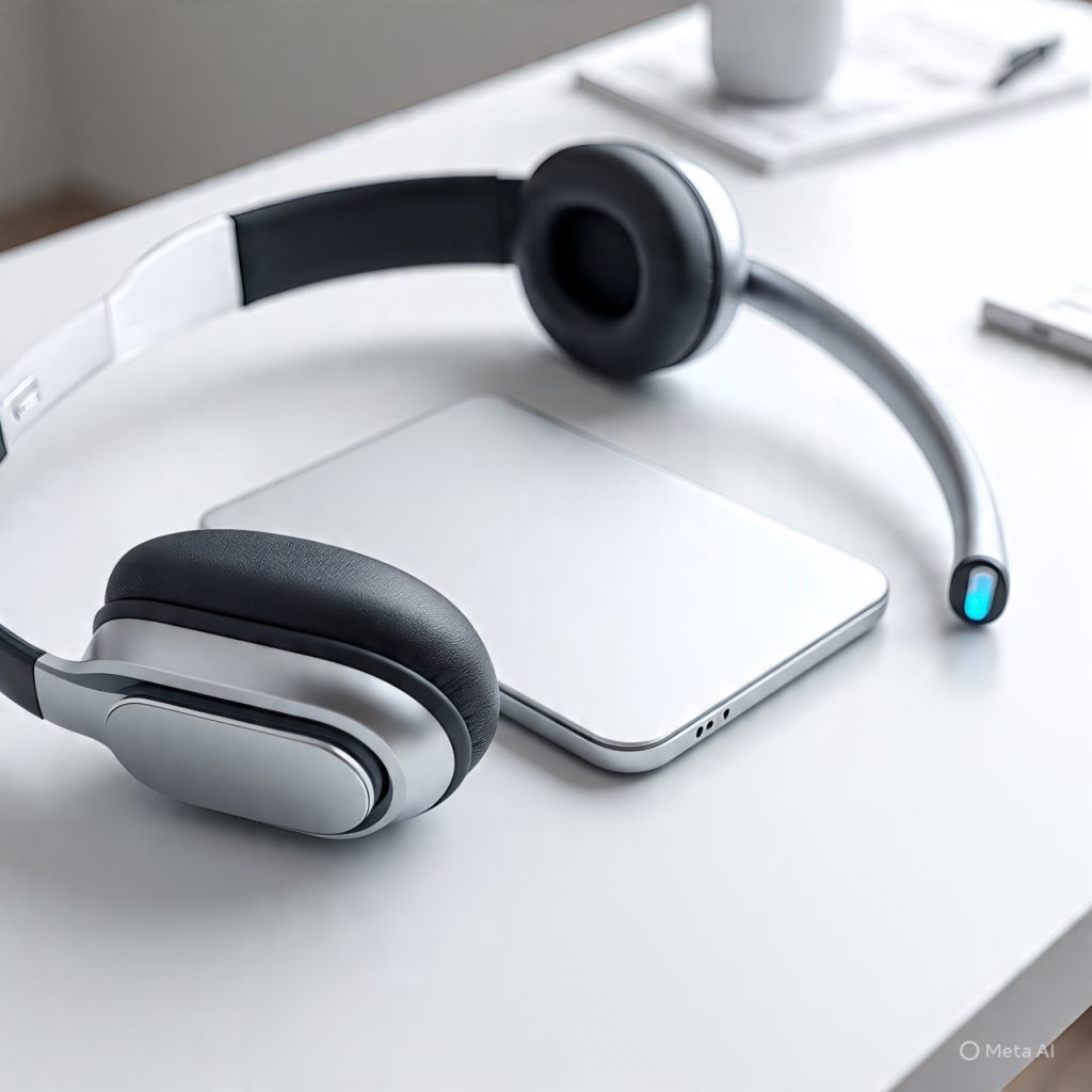 Silver and black over-ear headphones resting on a white desk next to a silver rectangular device, possibly a trackpad or tablet.