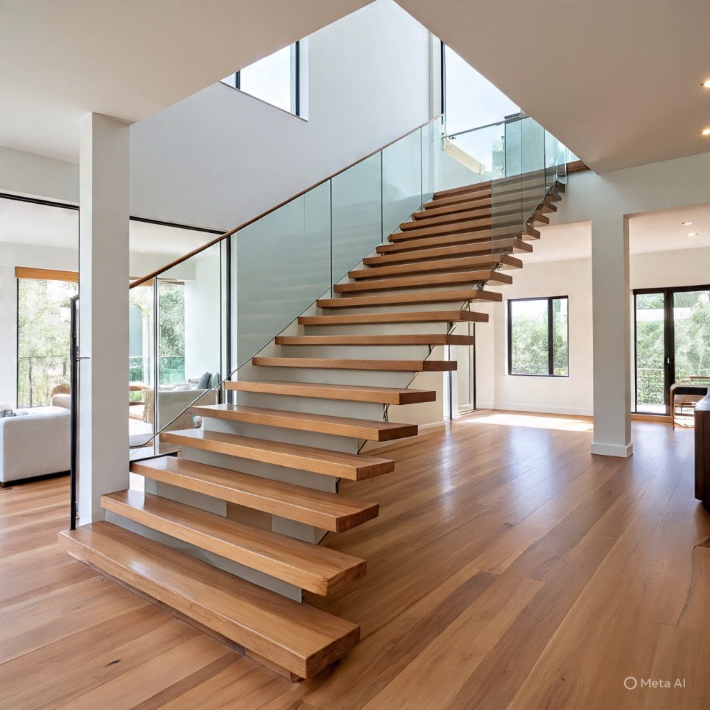 A modern interior staircase featuring wooden treads and a glass railing.
