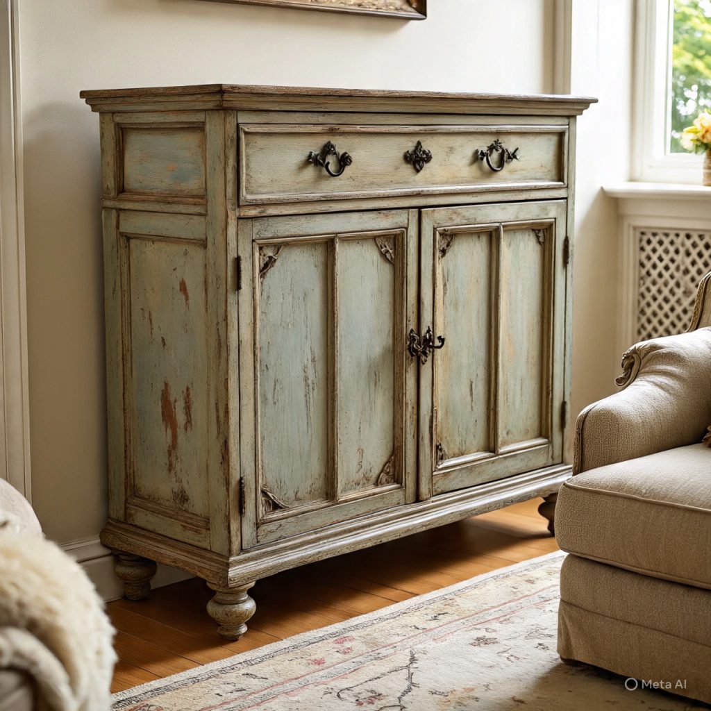 A distressed, light blue-green wooden cabinet with drawers and two doors, featuring ornate dark hardware, next to a beige armchair. 