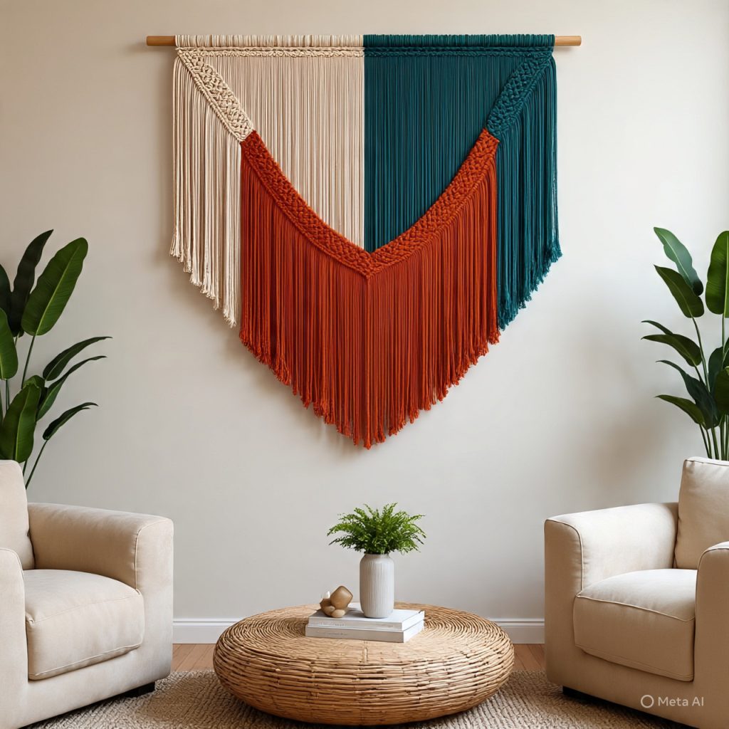 A colorful macrame wall hanging in cream, teal, and rust orange, displayed above a small plant between two light-colored chairs in a living room. 