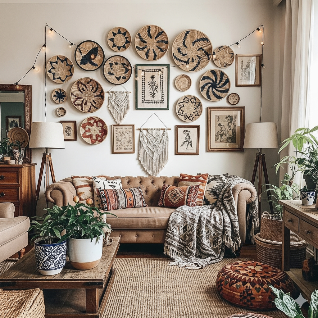 A cozy, bohemian living room featuring a gallery wall of woven baskets and framed art above a tufted sofa with patterned pillows and throws, flanked by floor lamps and potted plants. 