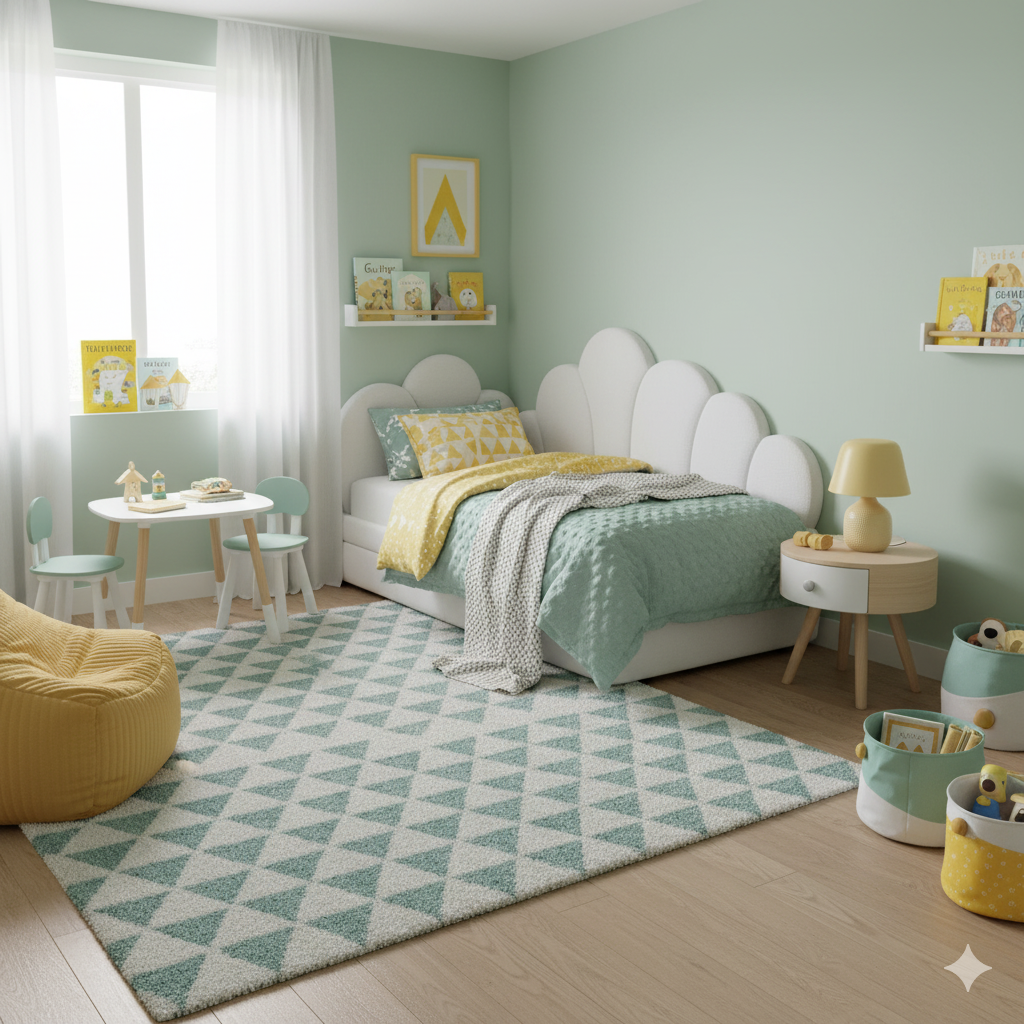 A child's bedroom with a cloud-shaped bed, a play table, a beanbag chair, and shelves with books.