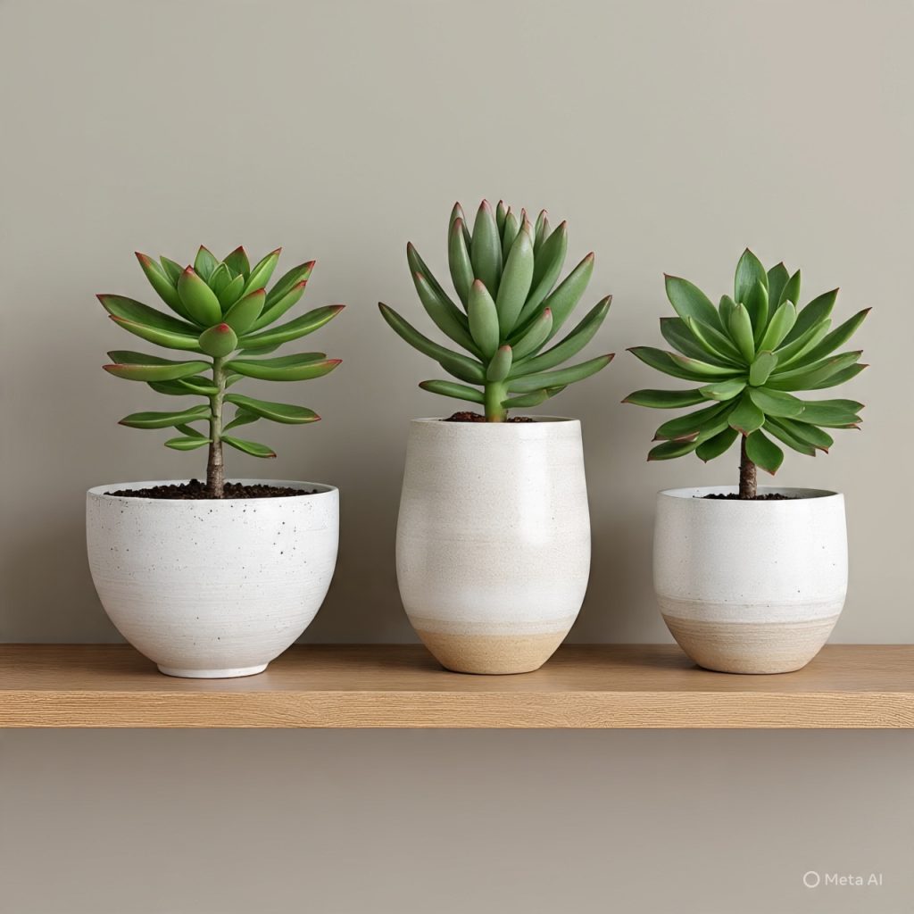 Three succulent plants in white pots on a wooden shelf.