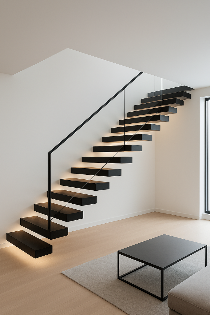 Modern floating staircase with illuminated steps and a minimalist black railing.