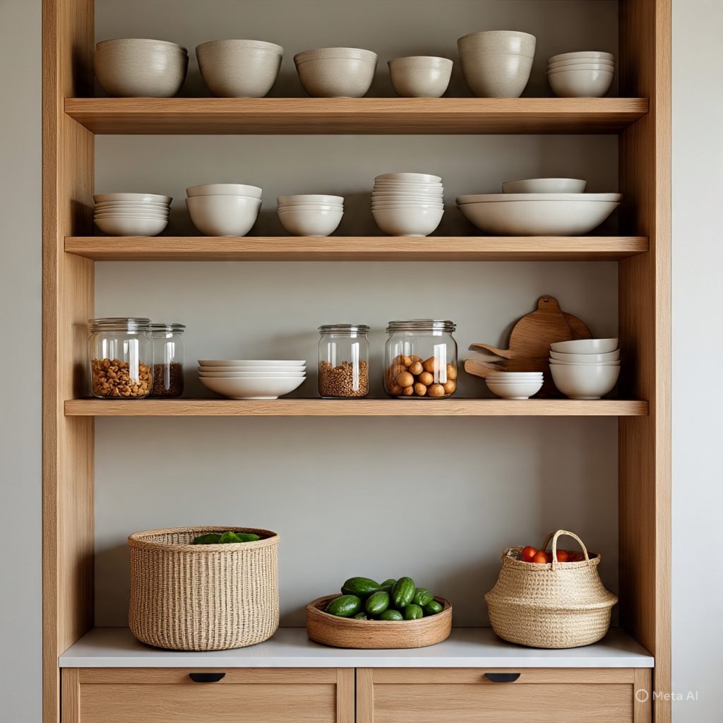 Stylish neutral kitchen featuring open wooden and metal shelves, styled with neutral ceramics, glass jars, and woven baskets for a warm, functional look