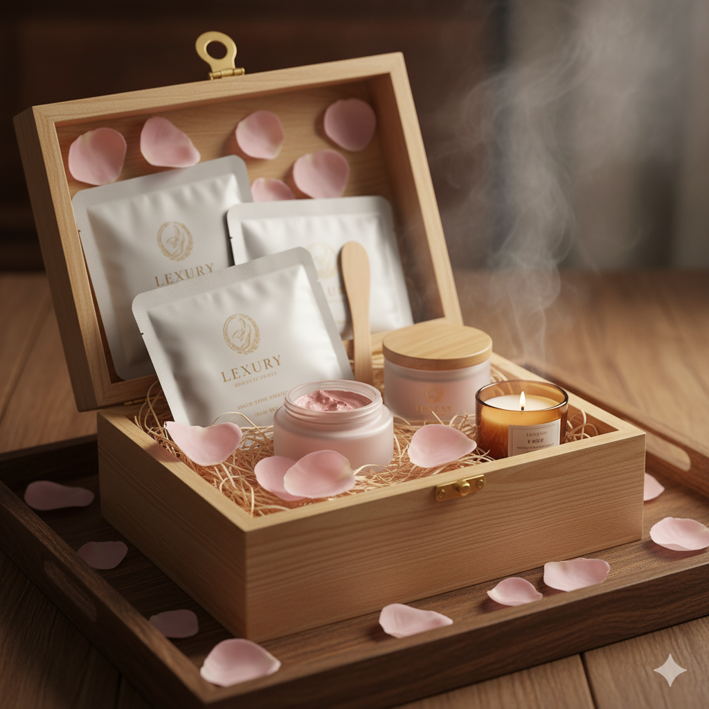 A wooden box containing bath and body products, including sachets, jars of cream, a wooden spoon, a lit candle, and pink rose petals, surrounded by straw filling.
