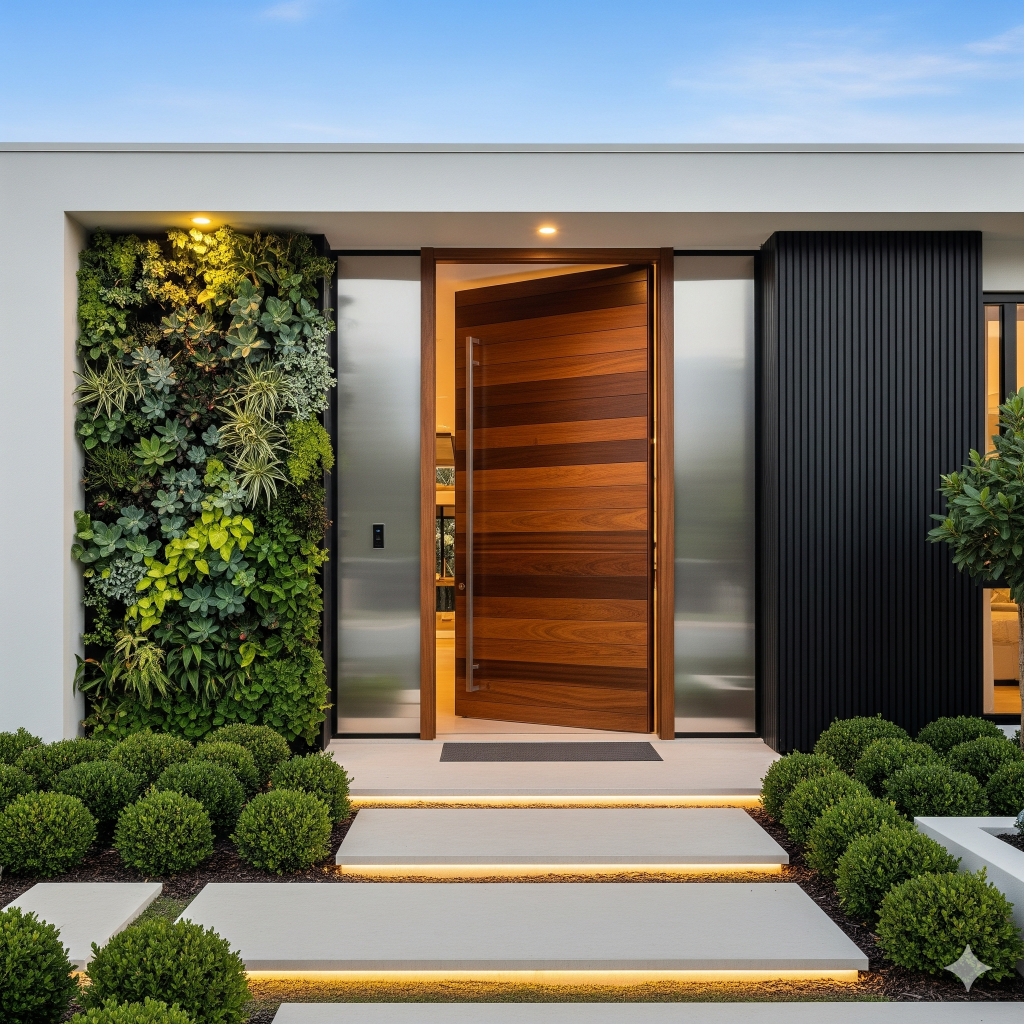 Modern wooden door with a vertical green wall and lush landscaping at a house entrance.