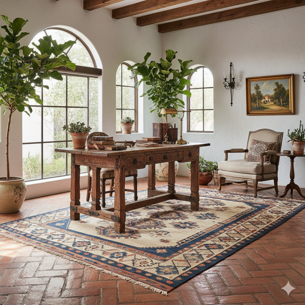 A rustic home office with a large wooden desk, a patterned rug, potted plants, and arched windows.