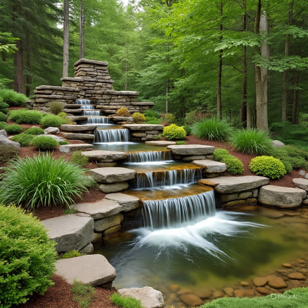 Mountain garden ideas with stone pathway, water feature, and alpine landscaping

A multi-tiered rock waterfall cascading through a lush green forest landscape. 