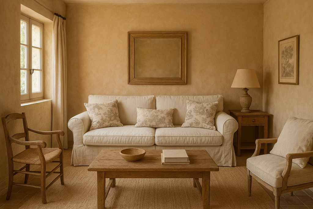 A cozy, rustic living room with a cream sofa, wooden coffee table, and natural light from a window. 