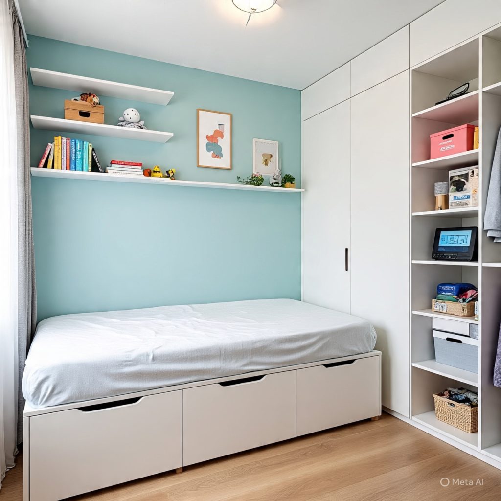A minimalist bedroom with a single bed, light blue walls, white floating shelves with books and decor, and a white built-in wardrobe with open shelving.