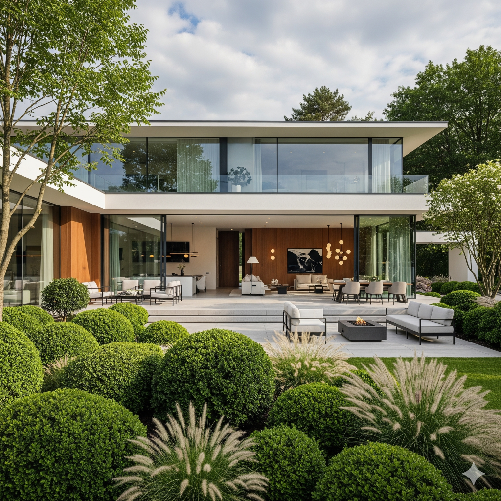 A modern house with large windows and an open-plan living area extending to an outdoor patio with landscaping. 