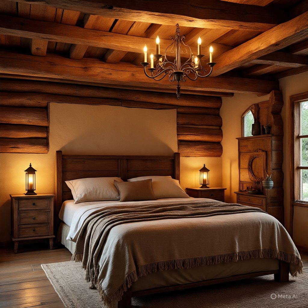 A cozy bedroom with a large wooden bed, two bedside tables with lanterns, and exposed log beams on the ceiling.