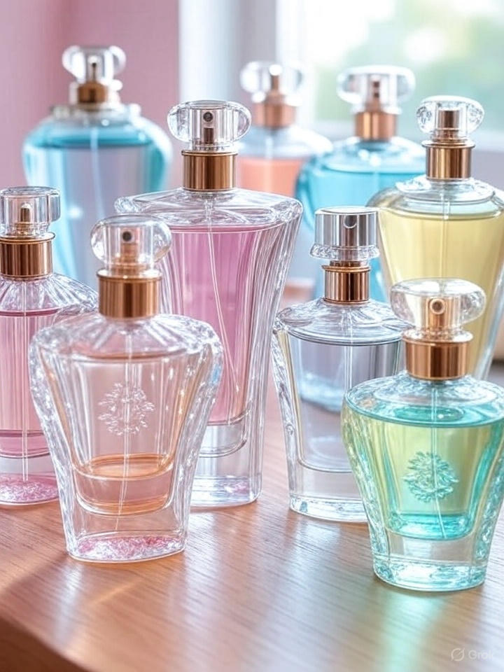 A collection of various perfume bottles with clear glass and colorful liquid, arranged on a surface.