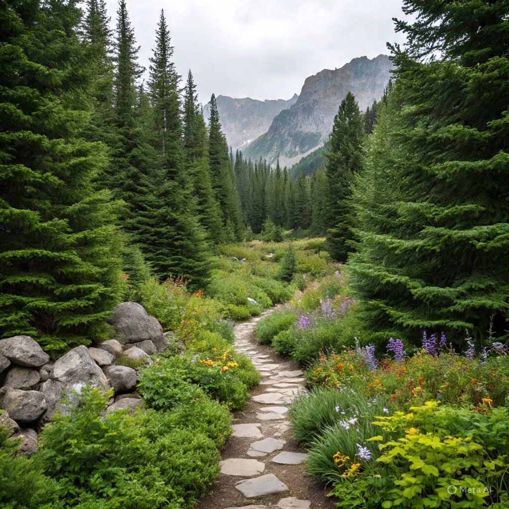 A winding stone path through a vibrant forest of tall evergreen trees and colorful wildflowers, leading towards distant mountains under a cloudy sky.