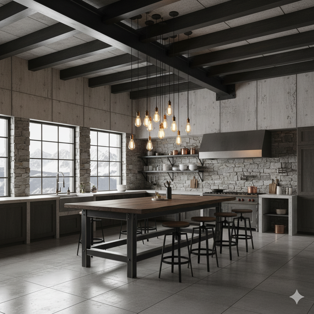 Modern industrial-style kitchen with a large wooden island, bar stools, exposed brick and concrete walls, large windows with a mountain view, and Edison bulb pendant lights over the island. 