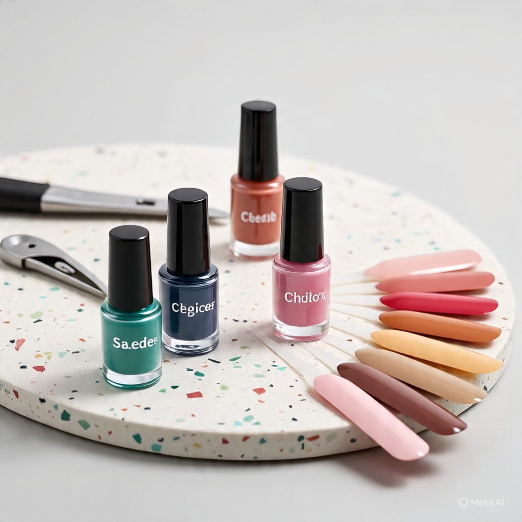 "Two bottles of nail polish, one green labeled 'Sa.edee' and one dark blue labeled 'Cegice', on a speckled white tray."