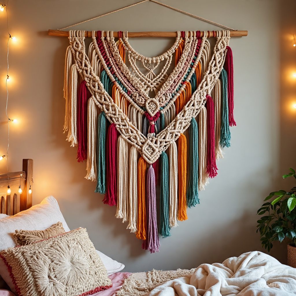 A colorful, intricate macrame wall hanging with various knot patterns and long tassels in shades of red, orange, teal, and cream, suspended from a wooden dowel against a light-colored wall with warm string lights in the background. 