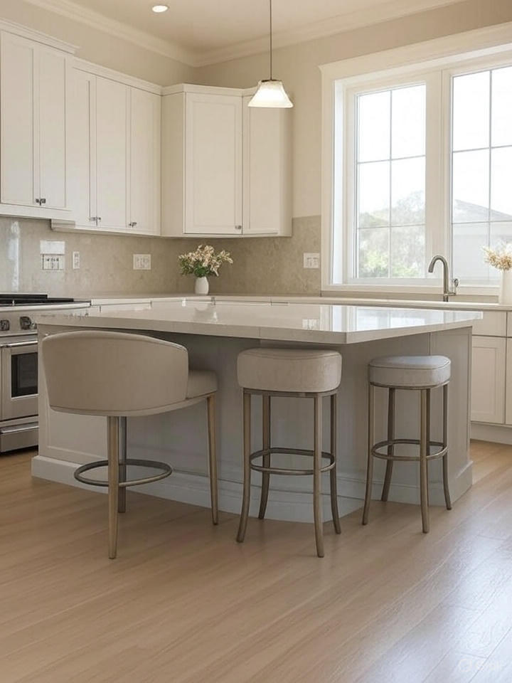 A bright, modern kitchen with white cabinets, a center island with bar stools, and a large window.