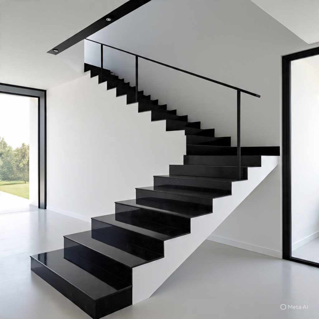 A modern interior features a sleek black and white floating staircase with a minimalist design and a black handrail.