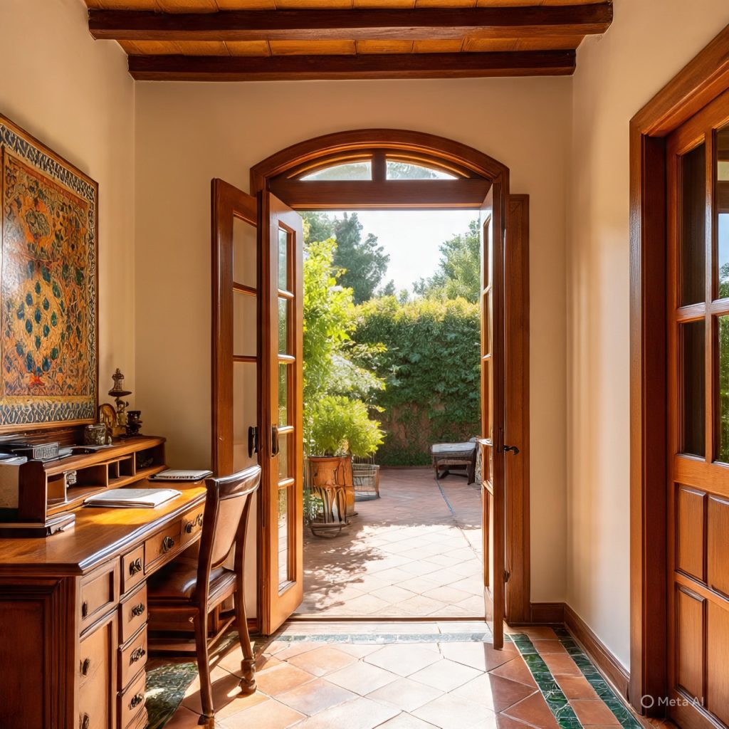 A wooden desk with multiple drawers and a matching chair in a room with tiled flooring.