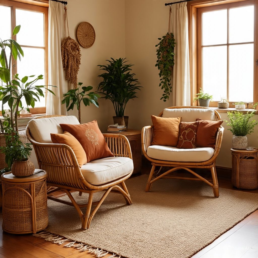 A cozy living room corner with two rattan chairs, plants, and natural decor. 