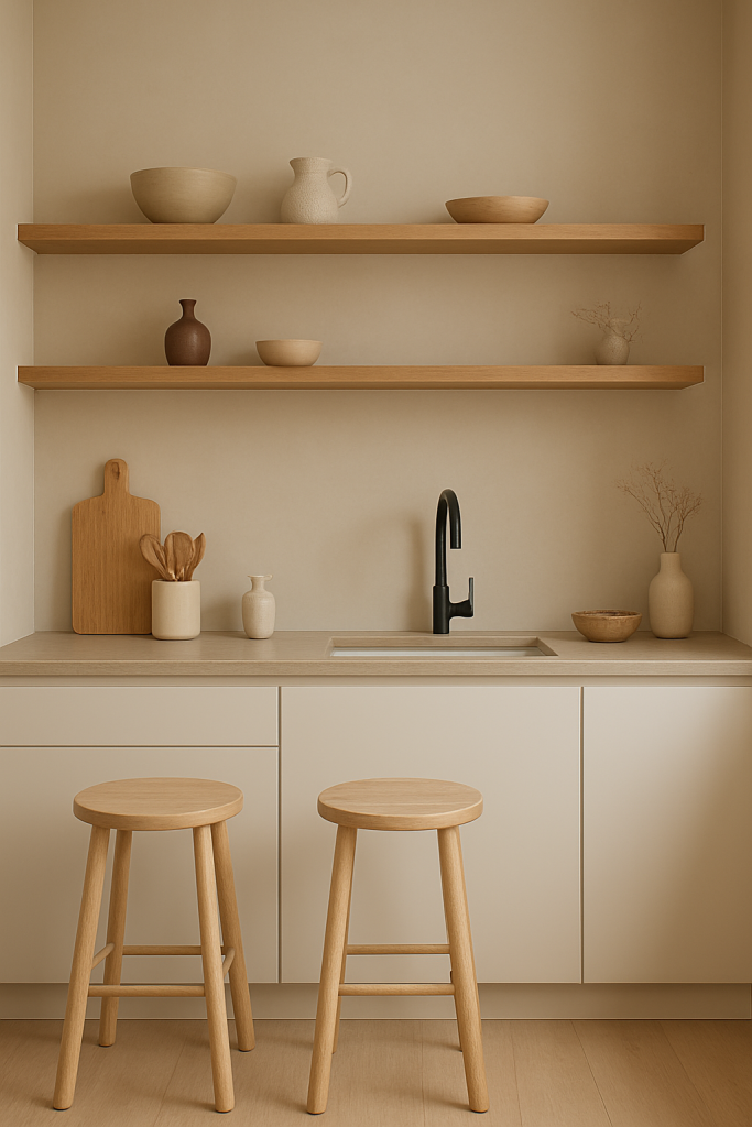 A minimalist kitchen with wooden shelves displaying bowls and a vase, a sink with a black faucet, and a countertop with kitchen utensils and a cutting board. 