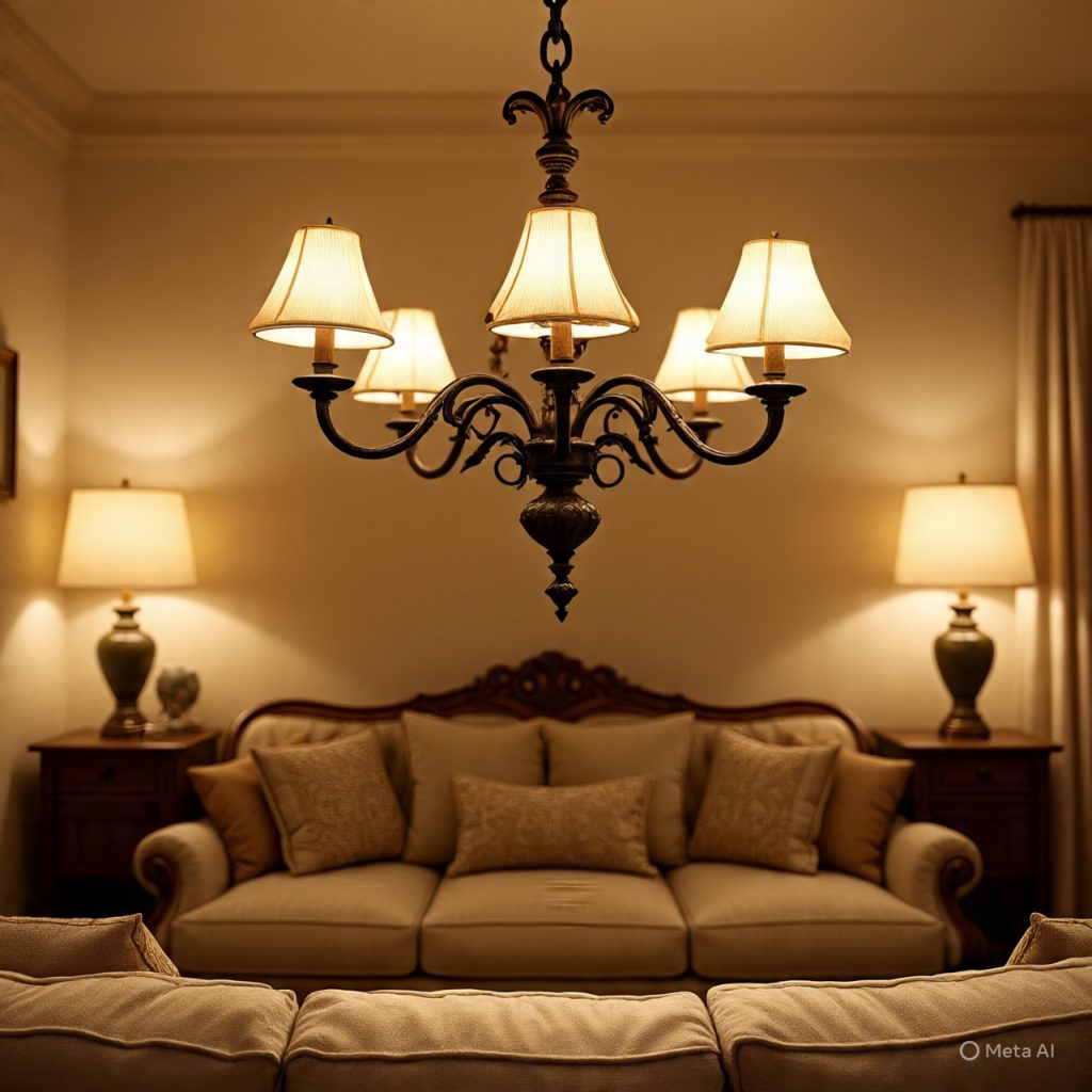 A living room with a chandelier and two table lamps illuminating a sofa.